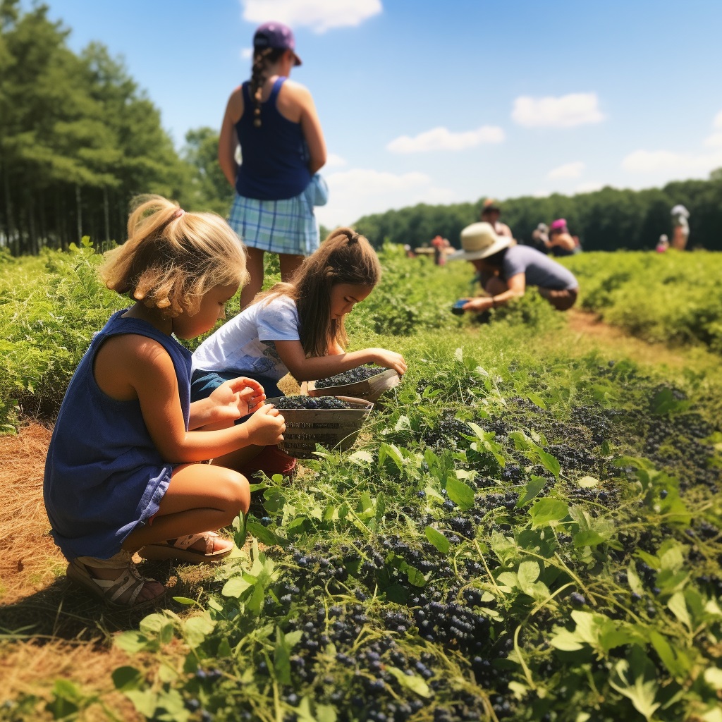  family hand picking fresh blueberries at Berry Patch Farms