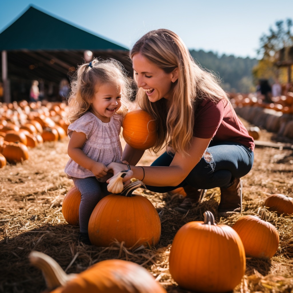 mother and daughter picking out pumpkins at Berry Patch Farms