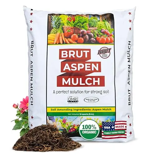 Bag of Brut Organic Aspen Mulch with a fine, granulated texture.